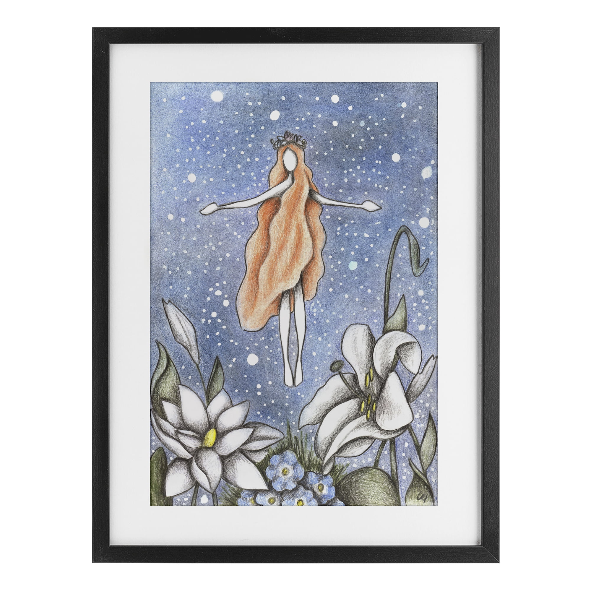 Mystical Garden Fairy Sparkle Black Framed Print Under Glass, design by Cecilia Battaini