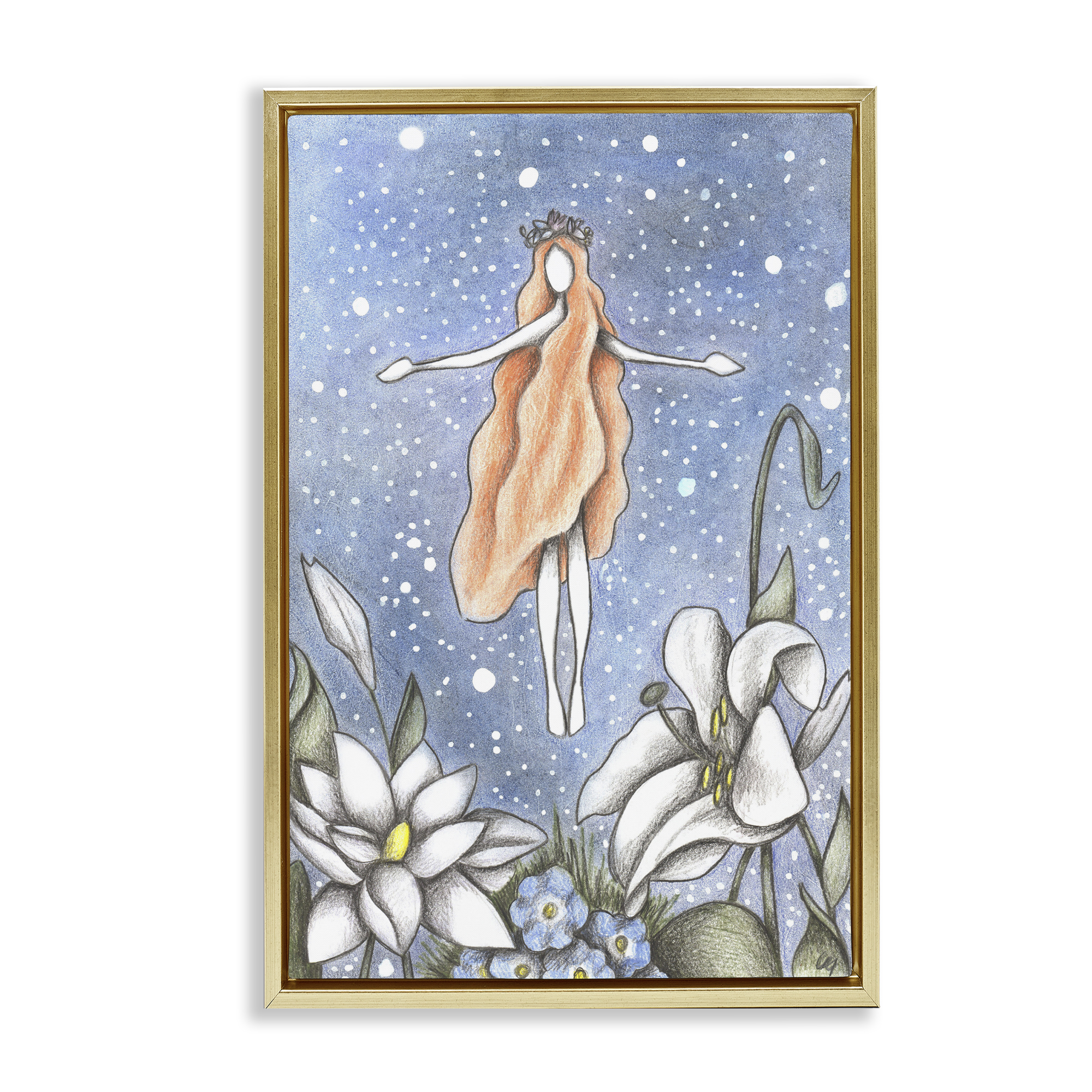 Mystical Garden Fairy Sparkle Gold Framed Floater Canvas Wall Art, design by Cecilia Battaini