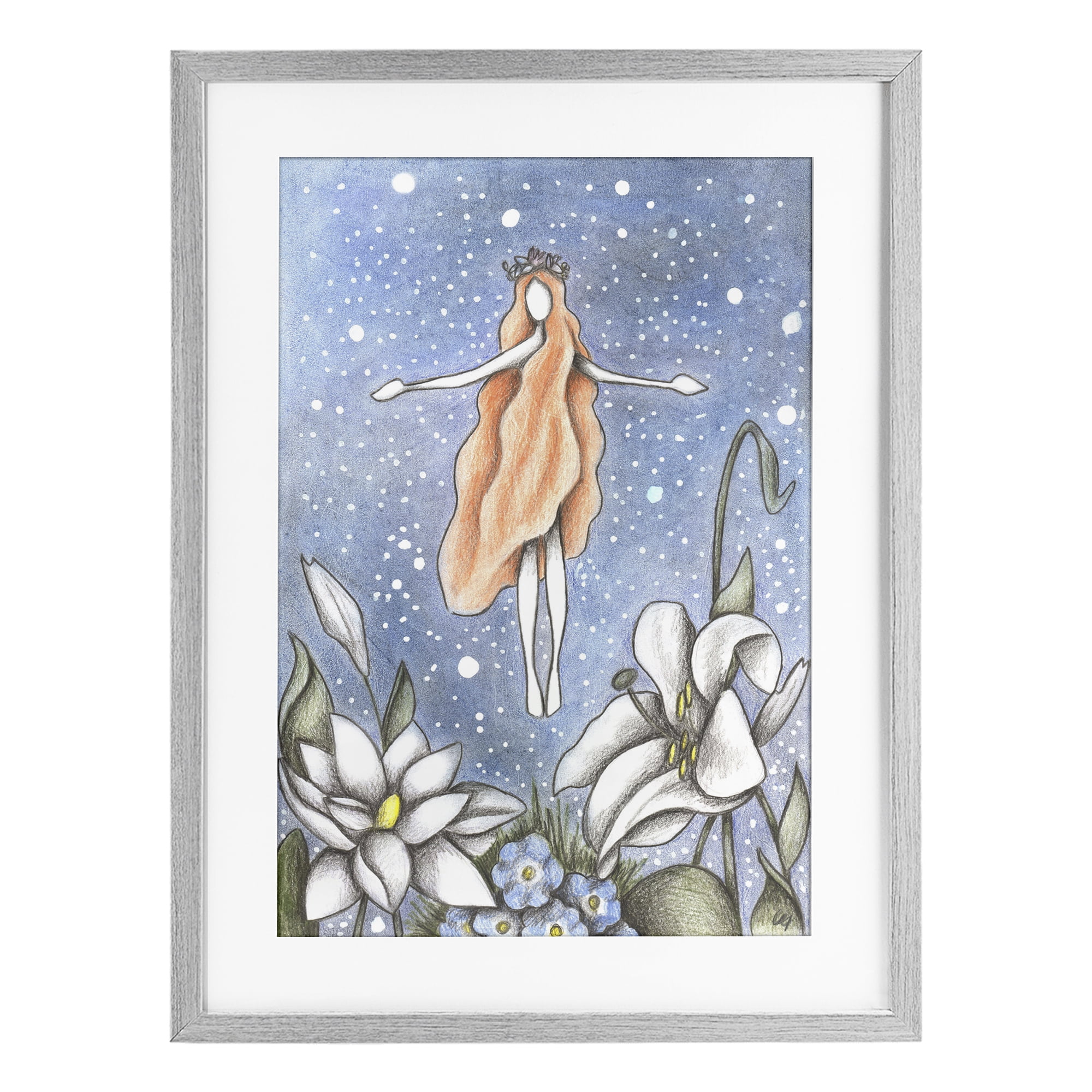 Mystical Garden Fairy Sparkle Gray Framed Print Under Glass, design by Cecilia Battaini