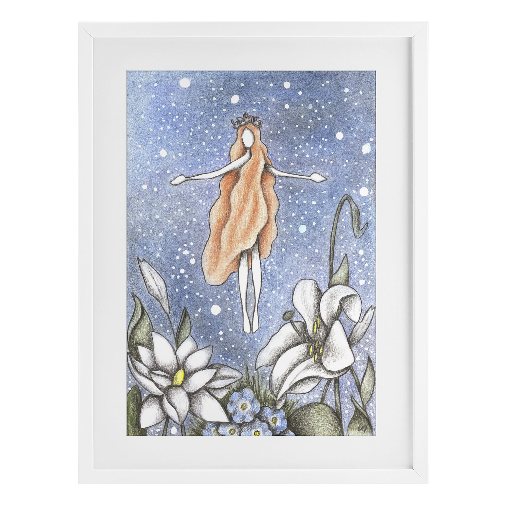 Mystical Garden Fairy Sparkle White Framed Print Under Glass, design by Cecilia Battaini