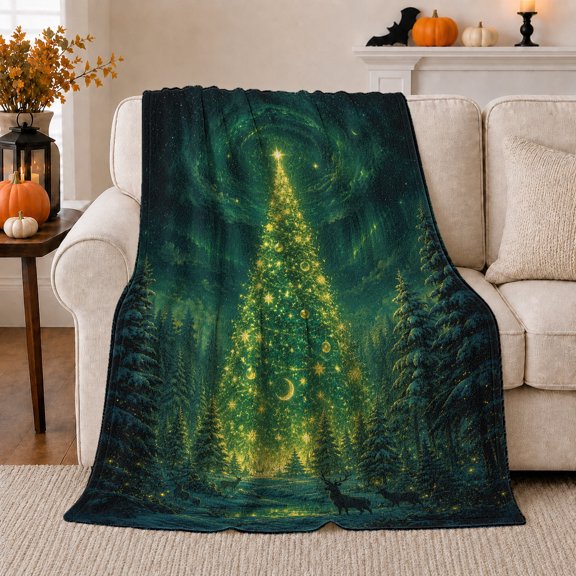 Mystical Glowing Evergreen Forest Christmas, Festive Holiday Scene, Warm Flannel Blanket for Cabin and Lodge with Detailed Artwork, Art Lovers Christmas Gift, Festive Home Decor