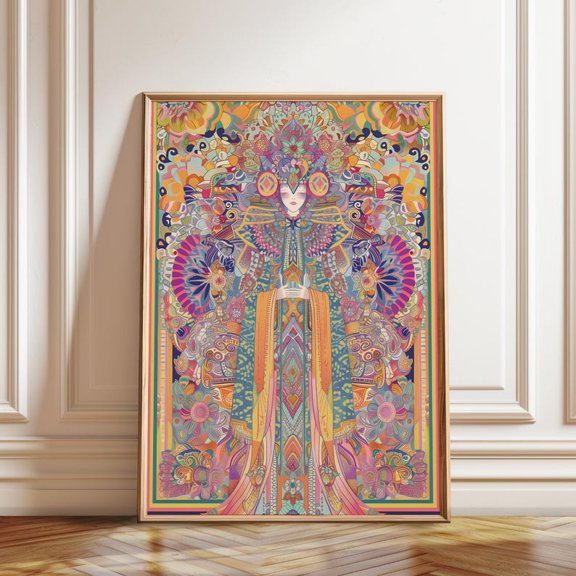 Mystical Goddess Psychedelic Mandala Wall Art Print, Unframed Paper Poster 8x10in