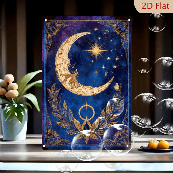 Mystical Golden Crescent Moon & Starburst Art, Serene Spirit Figure with Lotus Flower and Alchemical Sigil, Deep Blue Cosmic Night Sky, Baroque Filigree Border, 8x12 Inches Metal Wall Decor for Spiri