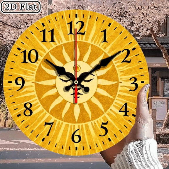 Mystical Golden Sun Wall Clock with Serene Face Design, Spiritual Solar Enlightenment Art for Home Decor, Round 10x10 Inch, 1pc, Battery Not Included