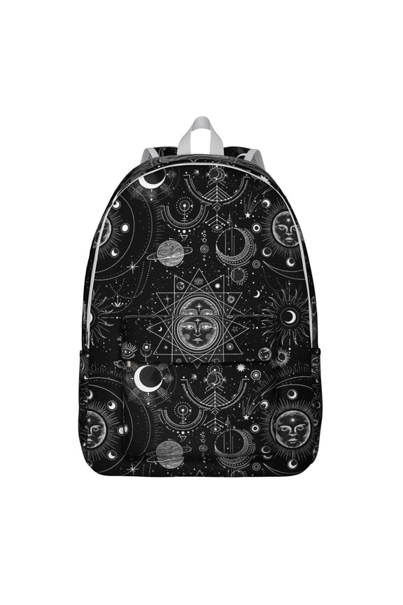 Mystical Goth Backpack, Lightweight School Bag with Starry Night Sky, Moon, and Sunburst Pattern