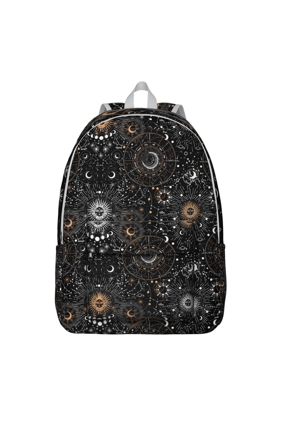 Mystical Goth Backpack, Lightweight School Bag with Starry Night Sky, Moon, and Sunburst Pattern