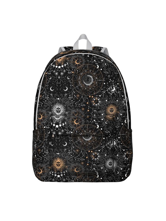 Mystical Goth Backpack, Lightweight School Bag with Starry Night Sky, Moon, and Sunburst Pattern