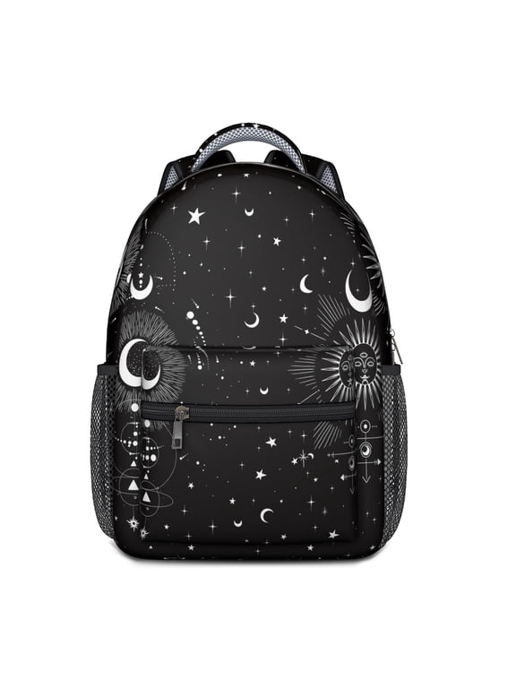 Goth School Backpack with Celestial Moon, Stars & Steampunk Art – Dark Gothic Astral Design with Lunar Constellation Pattern