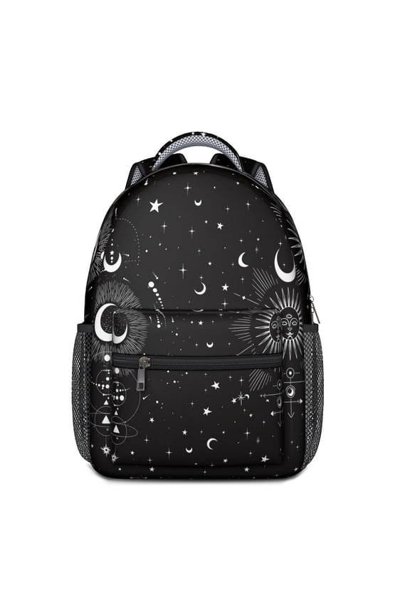 Mystical Goth School Backpack with Celestial Moon, Stars & Steampunk Art – Dark Gothic Astral Design with Lunar Constellation Pattern