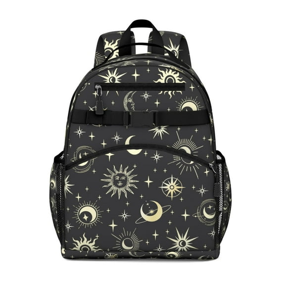 Mystical Goth Students Backpack with Cosmic Eclipse and Lunar Constellation Art, Ethereal Sunburst Print, Adjustable Straps and Spacious for and School