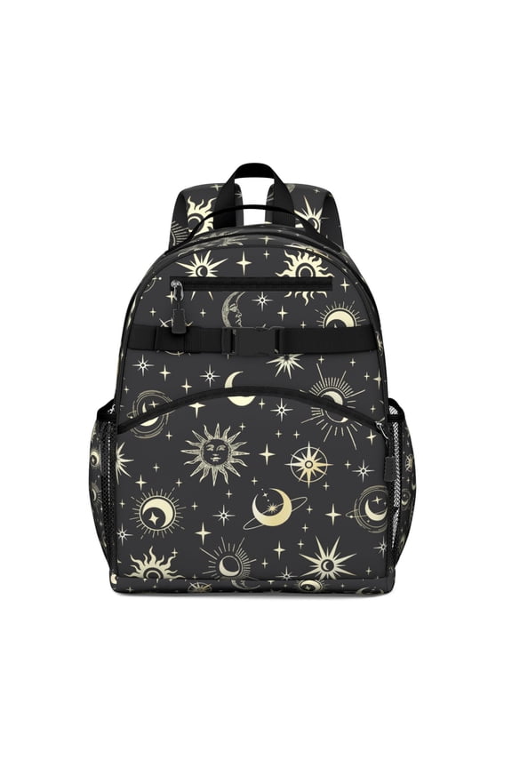 Mystical Goth Students Backpack with Cosmic Eclipse and Lunar Constellation Art, Ethereal Sunburst Print, Adjustable Straps and Spacious for and School