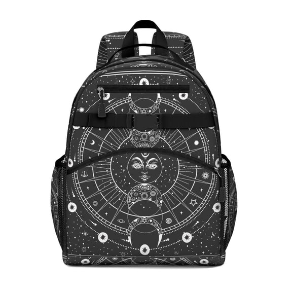 Mystical Goth Students Backpack with Cosmic Eclipse and Lunar Constellation Art, Ethereal Sunburst Print, Adjustable Straps and Spacious for and School