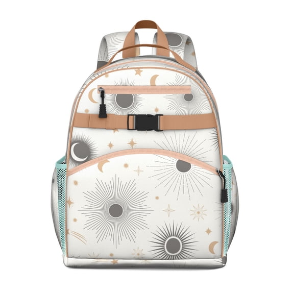 Mystical Goth Students Backpack with Gothic Astrology Sun and Golden Star Print, Celestial Cosmic Design, Adjustable Chest Strap and Durable for School Use