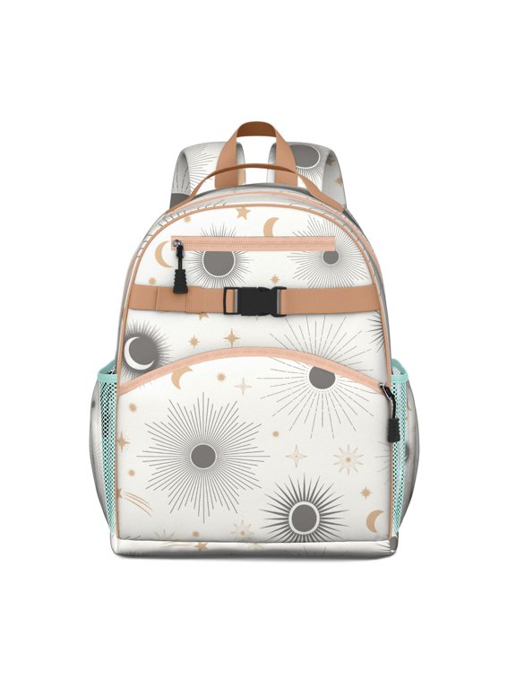 Students Backpack with Gothic Astrology Sun and Golden Star Print, Celestial Cosmic Design, Adjustable Chest Strap and Durable for School Use