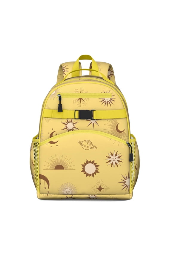 Mystical Goth Students Backpack with Gothic Astrology Sun and Golden Star Print, Celestial Cosmic Design, Adjustable Chest Strap and Durable for School Use