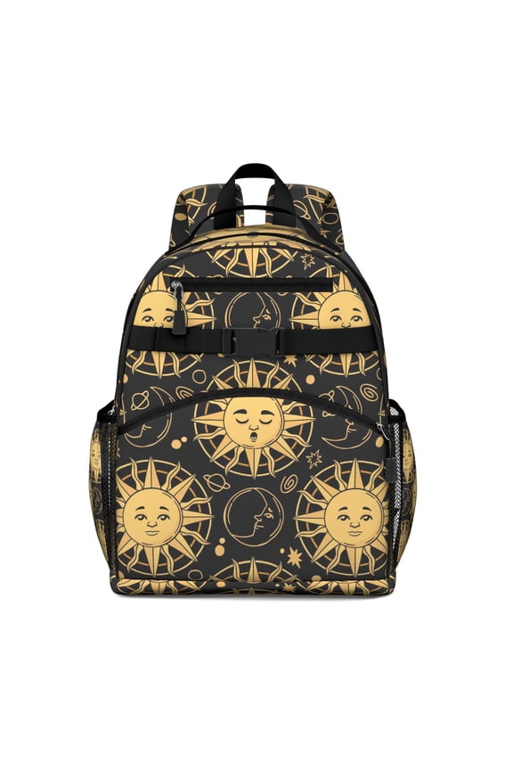 Mystical Goth Students Backpack with Witchy Astrology Sun, Moon, and Golden Star Print, Gothic Celestial Spiritual Design, Adjustable Straps and Large Capacity