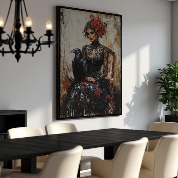 Mystical Gothic Art - Black Raven And Woman Portrait - Poster - Romantic Black And Red Decor - Wall Art - Ready To Hang, Unframed Poster Size 16x24