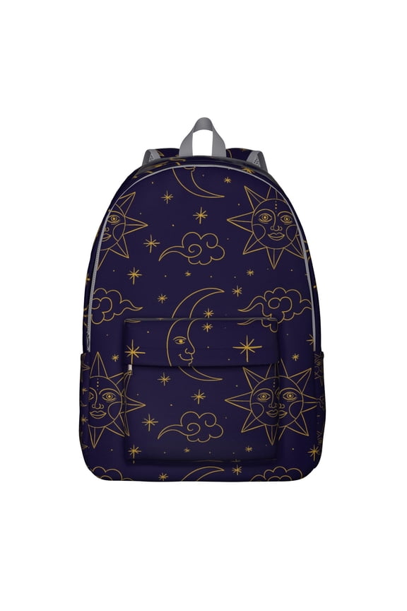 Mystical Gothic Backpack, Durable School Bag Featuring Cosmic Astrology Print with Golden Stars and Moon