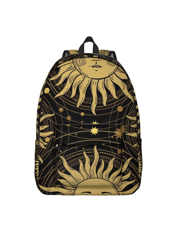 Mystical Gothic Backpack, Durable School Bag Featuring Cosmic Astrology Print with Golden Stars and Moon