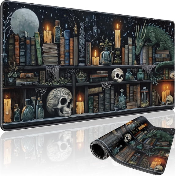 Mystical Gothic Library Large Gaming 31.5"x15.7" Vintage Book-Themed XXL Desk Mat, Non-Slip Rubber Base & Stitched Edges - Extended Mousepad for PC/Laptop/Office/Home Decor