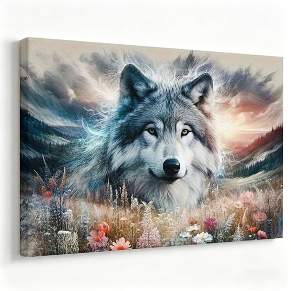 Mystical Grey Wolf Canvas Wall Art Majestic Wildlife Painting Wild Flower Poster Living Room Bedroom Decor Print Ready to Hang 8*12