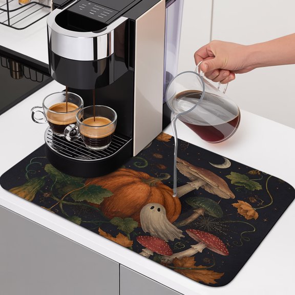 Mystical Halloween Dish Drying Mats for Kitchen Counter, Fall Pumpkin Floating Sheet Ghosts Dark Absorbent Coffee Bar Mat with Non-slip Rubber Backed Quick Drying Dish Rack Pad 12"x16"