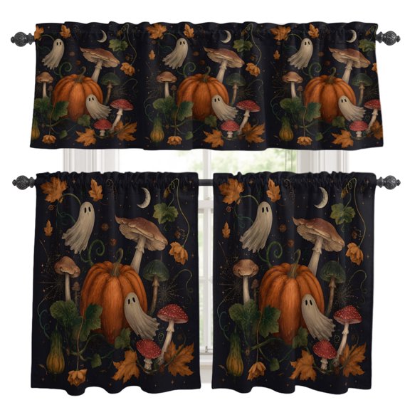 Mystical Halloween Kitchen Curtains and Valances Set, Fall Pumpkin Floating Sheet Ghosts Dark Rod Pocket Window Valance Window Curtain Panels for Living Room Bedroom Laundry, 27.5x24in, 3 Pieces