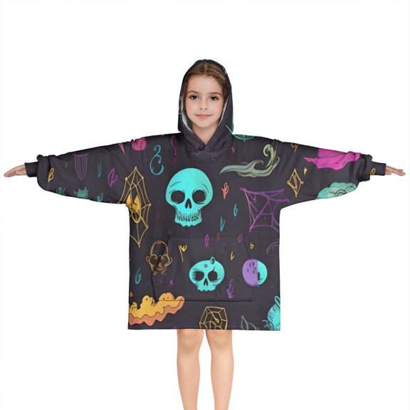 Mystical Halloween Pattern Blanket Hoodies for Kids 6-13YR Oversize Wearable Blanket Hoodies for Boys Girls Teens