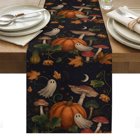 Mystical Halloween Table Runner, Fall Pumpkin Floating Sheet Ghosts Dark Washable Kitchen Table Runners Dress Scarves for Dining Table Decorations Party/Restaurant/Indoor Outdoor Use, 16x72in