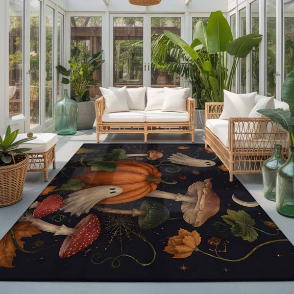 Mystical Halloween Washable Living Room Rugs 9'x12', Fall Pumpkin Floating Sheet Ghosts Dark Washable Throw Large Area Rug Non-Slip Sturdy Edge Binding Carpet for Bedroom Dining Room Office