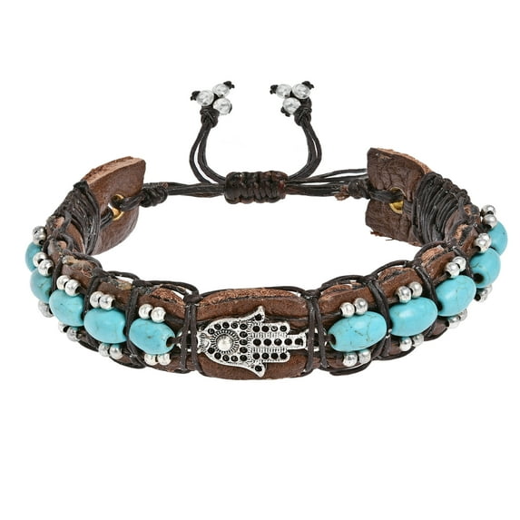 Mystical Hamsa Hand Symbol w/ Turquoise Stones Leather Cuff Bracelet