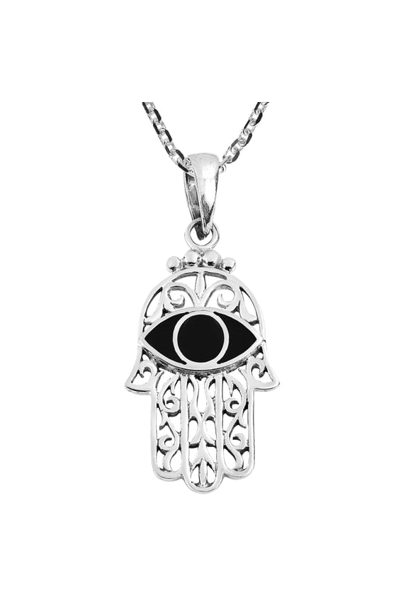 Mystical Hamsa w/ Synthetic Black Onyx Eye Inlays Sterling Silver Necklace