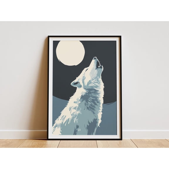 Mystical Howling Wolf Moon Minimalist Nature Serene Wildlife Animal Decor Blue Gray Wilderness Artwork, Unframed Poster
