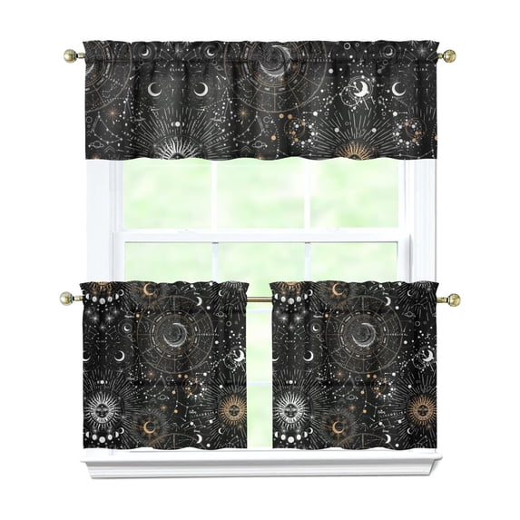 Mystical Kitchen Curtains Set with Lunar Sunburst Cosmic Elements Rod Pocket Astronomical Window Treatment Celestial Valance and Tiers Set
