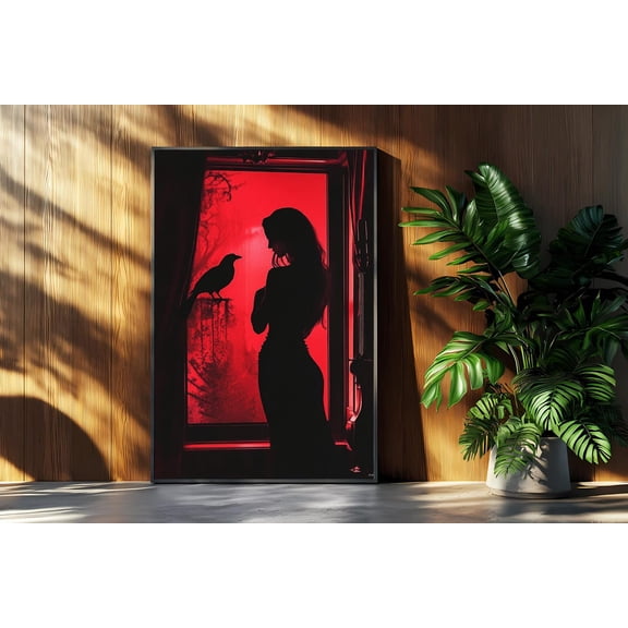Mystical Lady Raven Silhouette Gothic Dark Romantic Fantasy Red Light Art
