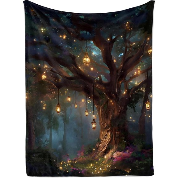 Mystical Lantern Tree Wall Tapestry with Hanging Lights Woodland Night Forest Wall Decor 40 x 60 Inch