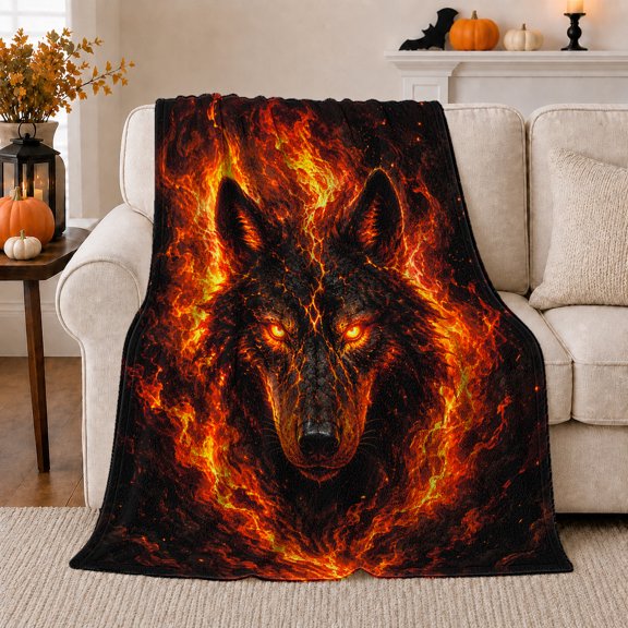 Mystical Lava-Veined Black Wolf, Mystical Celestial Art Scene, Warm Flannel Blanket for Cabin and Lodge with Detailed Artwork, Wildlife Lovers Housewarming Gift, Fantasy Home Decor