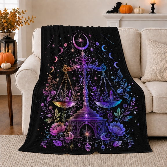 Mystical Libra Scales Crescent Moons Celestial Fantasy, Mystical Celestial Art Scene, Warm Flannel Blanket for Living Room and Bedroom, Celestial Art Lovers Housewarming Gift, Fantasy Home Decor