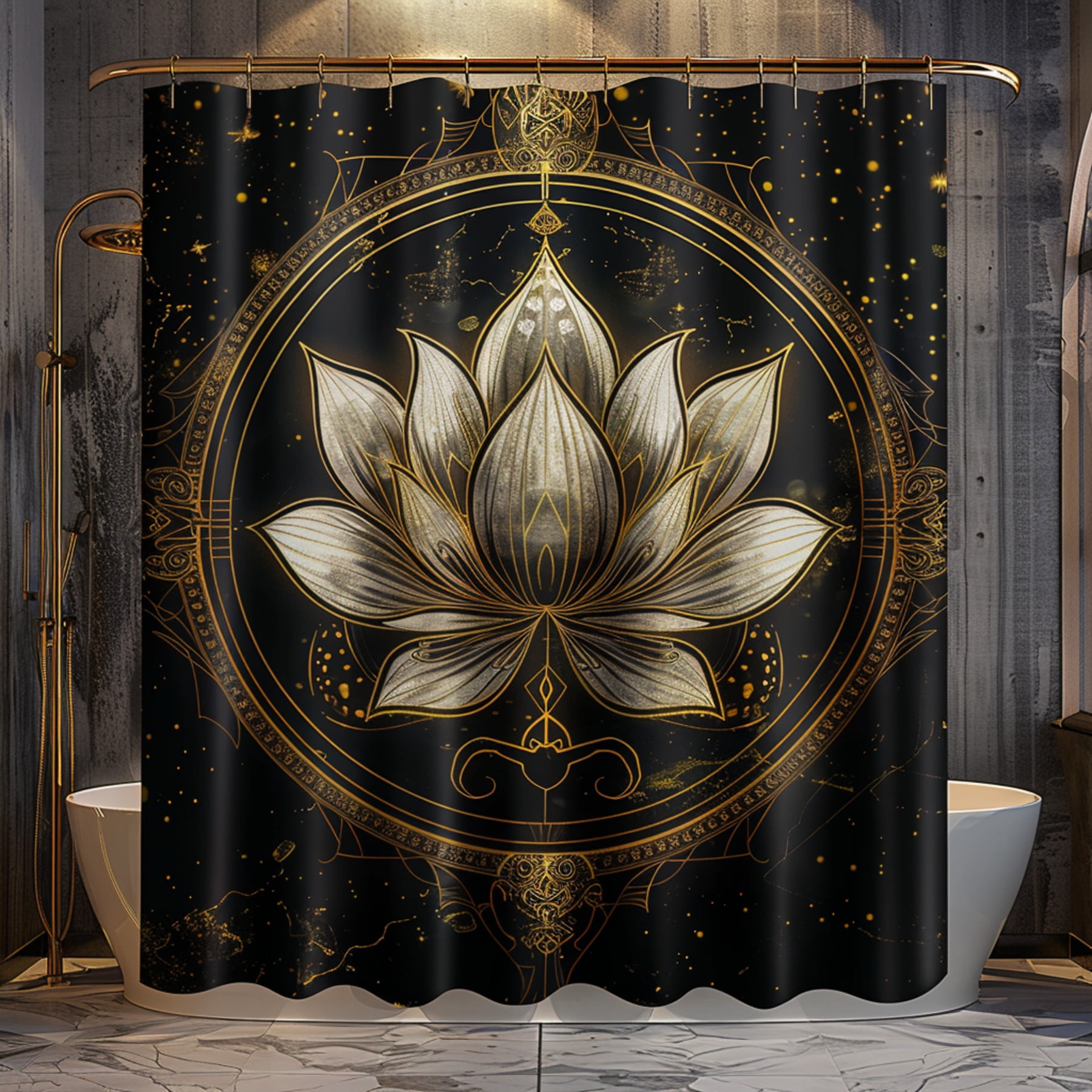 Mystical Lotus Flower Shower Curtain Esoteric Symbols Black Background
