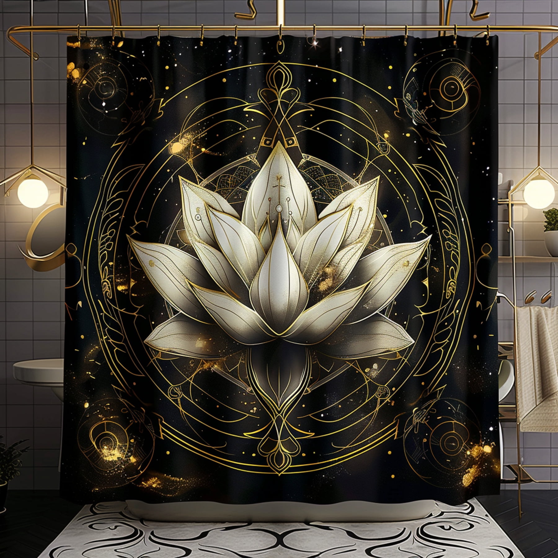 Mystical Lotus Flower Shower Curtain Esoteric Symbols Black & Gold Design Spiritual Vibes