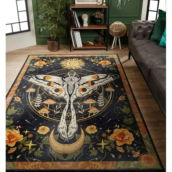 Mystical Luna Moth Area Rugs, Boho Moody Black Floral Aesthetic Bedroom Rugs Vintage Hippie Celestial Trendy Indie Dorm Rug, Retro Cute Washable Door Mat for Dining Living Room Entryway