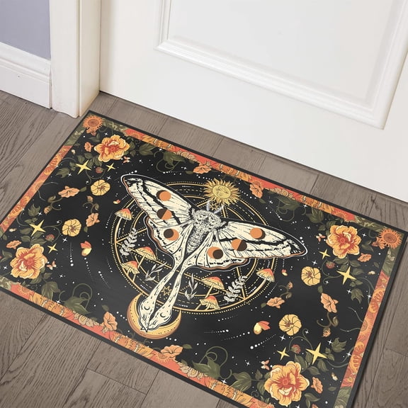 Mystical Luna Moth Area Rugs, Boho Moody Black Floral Aesthetic Bedroom Rugs Vintage Hippie Celestial Trendy Indie Dorm Rug, Retro Cute Washable Door Mat for Dining Living Room Entryway
