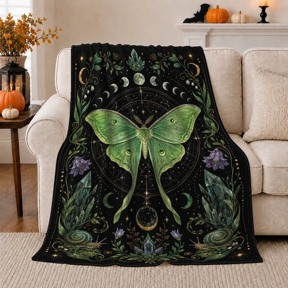 Mystical Luna Moth Moon Phases Peaceful Celestial Art, Peaceful Celestial Art Scene, Warm Flannel Blanket for Sunroom and Reading Nook, Garden Lovers Housewarming Gift, Celestial Home Decor