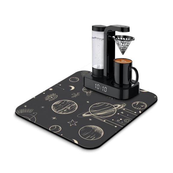 Mystical Lunar Coffee Mat, Leak-Proof Absorbent Dish Drying Pad with Celestial Eclipse & Cosmic Patterns, Non-Slip Kitchen Counter Mat for Coffee Makers