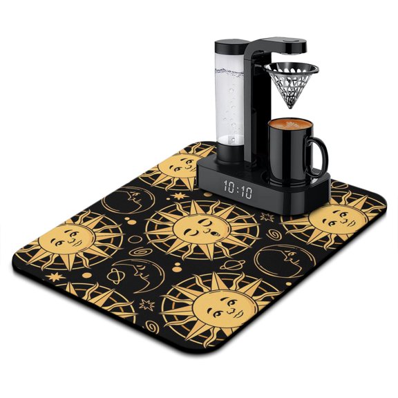 Mystical Lunar Coffee Mat, Leak-Proof Absorbent Dish Drying Pad with Celestial Eclipse & Cosmic Patterns, Non-Slip Kitchen Counter Mat for Coffee Makers