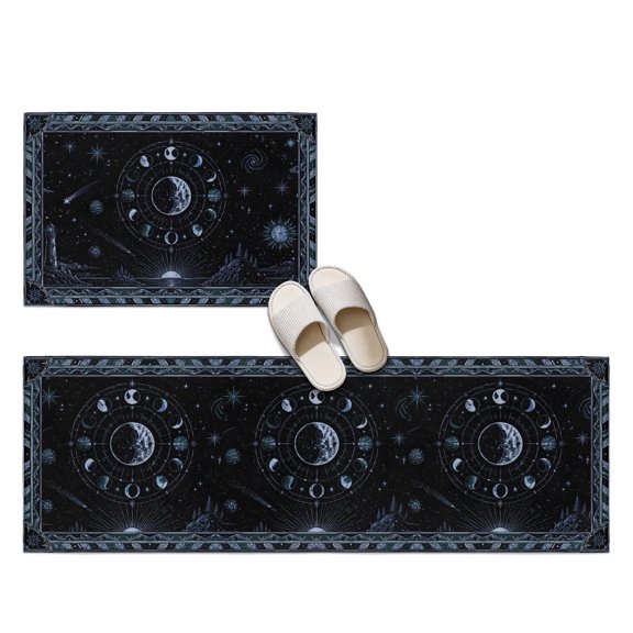 Mystical Lunar Phase 2 Pieces Non-Slip Kitchen Mat Set, Navy Blue Moon Midnight Constellations Black Soft Door Mat with Rubber Backing, Dirtproof Rugs for Entrance Doorway, 23.6x35.4in+23.6x70.9in