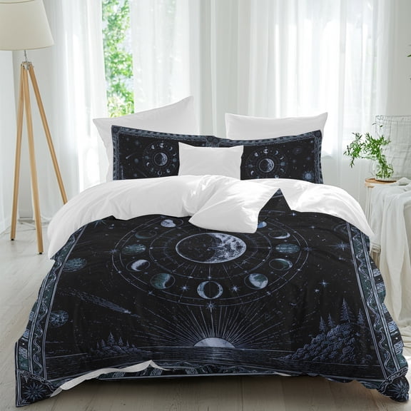 Mystical Lunar Phase Comforter Set Full Size, Navy Blue Moon Midnight Constellations Black Soft Bedding Set for Man Woman, 4 Pieces Duvet Cover Set with Fitted Sheet, 2 Pillowcases