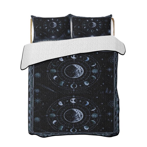 Mystical Lunar Phase Quilts Bedding Set California King Navy Blue Moon Midnight Constellations Black Lightweight Quilted Bedspread 3 Piece Bed Quilt with 2 Pillow Shams for Bedroom 96" x 106"
