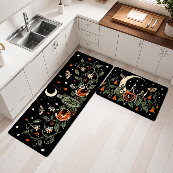 Mystical Magic Halloween Kitchen Mats Set, Black Gothic Witchy Print, Non-Slip Fabric, 16x24in + 18x48in, 2 Pack