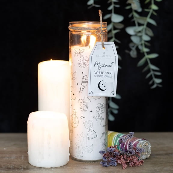 Mystical Magic Symbols White Sage Wicca Tall Tube Scented Candle Home Fragrance